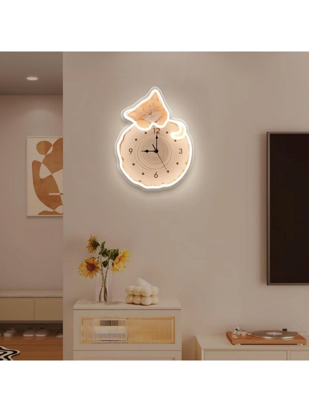 Cozy Cat Shaped LED Clock - Night Light Wood Slice Decor for Bedroom & Nursery
